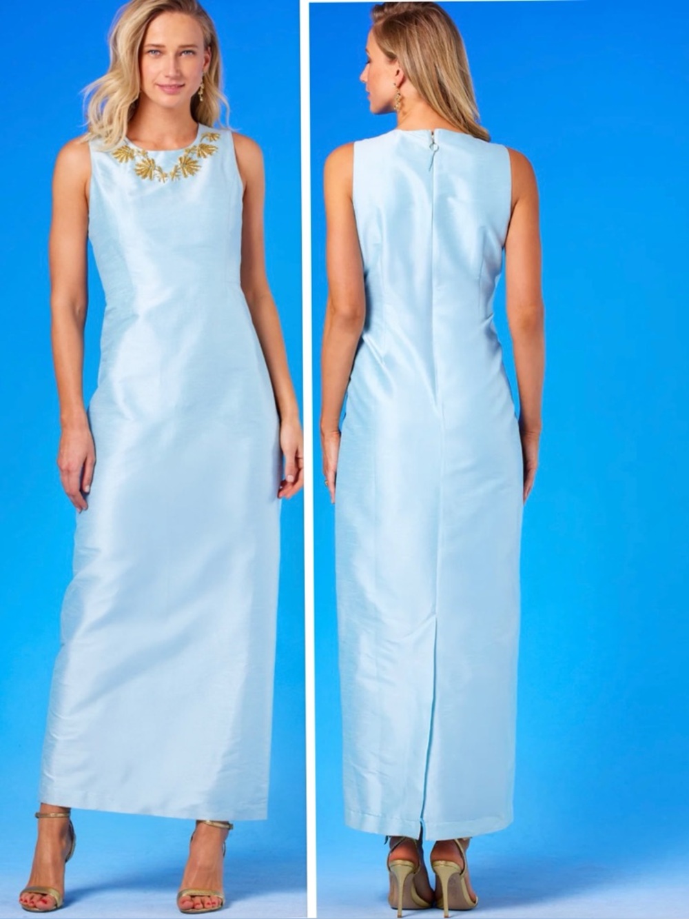 NICOBLU Alice Long Sheath Dress Blue Gold Embellished Size 12